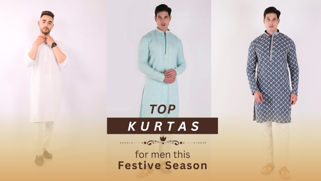 Three male models wearing stylish kurtas in white, light blue, and navy blue, posing against a white background. Text overlay reads 'Top Kurtas for men this Festive Season' in bold typography with decorative elements